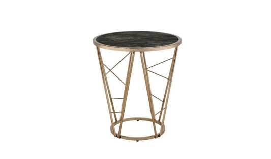 24" Champagne And Black Faux Marble Glass And Metal Round End Table By Homeroots