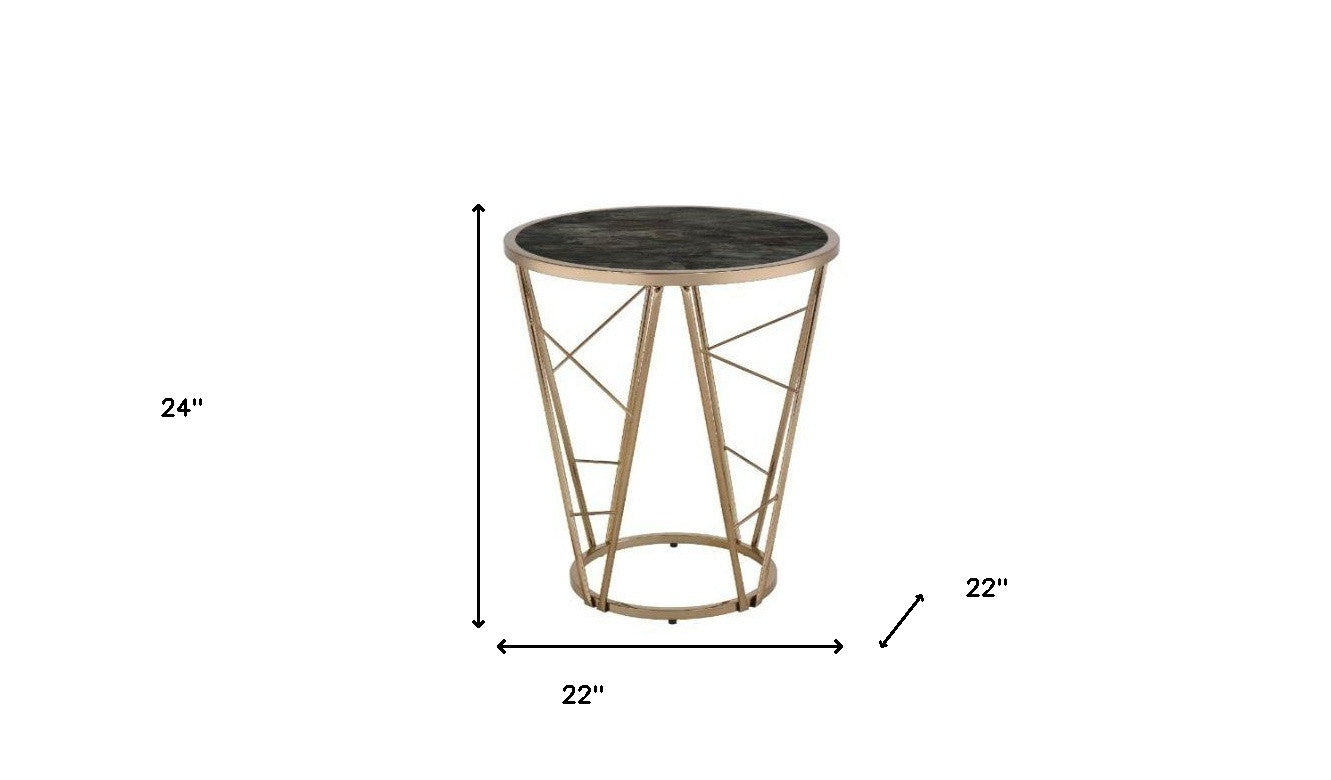 24" Champagne And Black Faux Marble Glass And Metal Round End Table By Homeroots | End Tables | Modishstore - 5