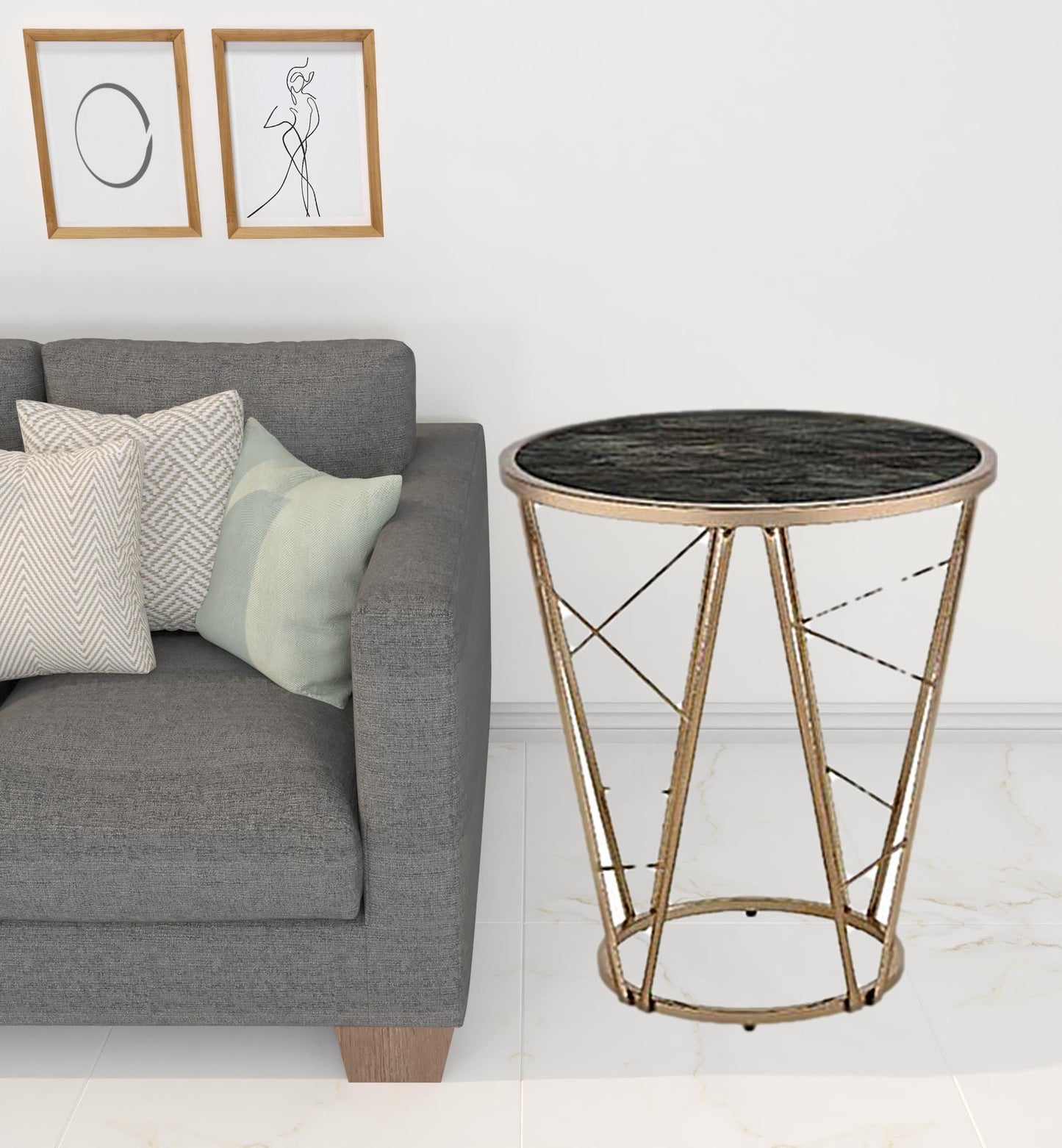 24" Champagne And Black Faux Marble Glass And Metal Round End Table By Homeroots | End Tables | Modishstore - 2