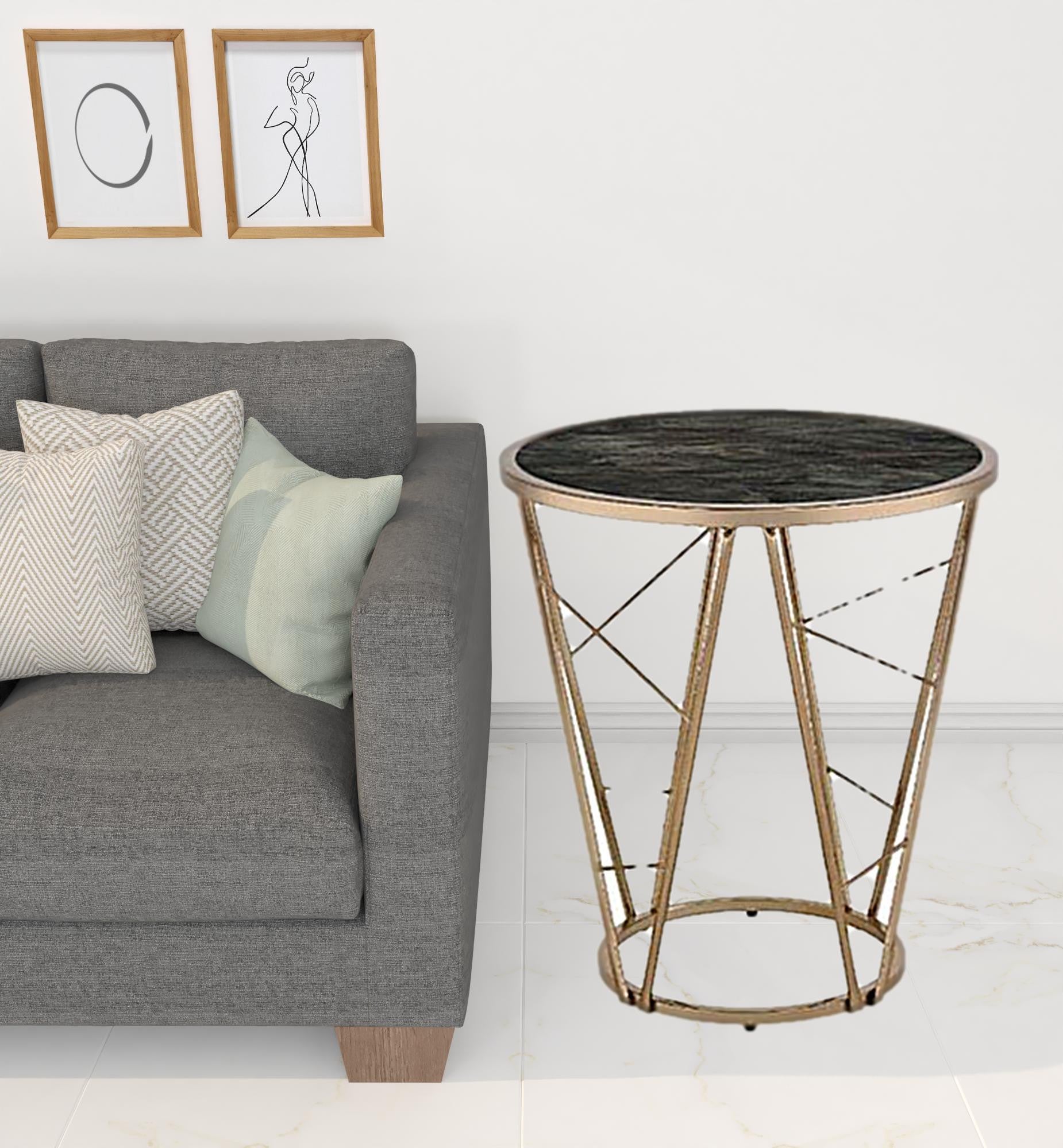 24" Champagne And Black Faux Marble Glass And Metal Round End Table By Homeroots | End Tables | Modishstore - 2