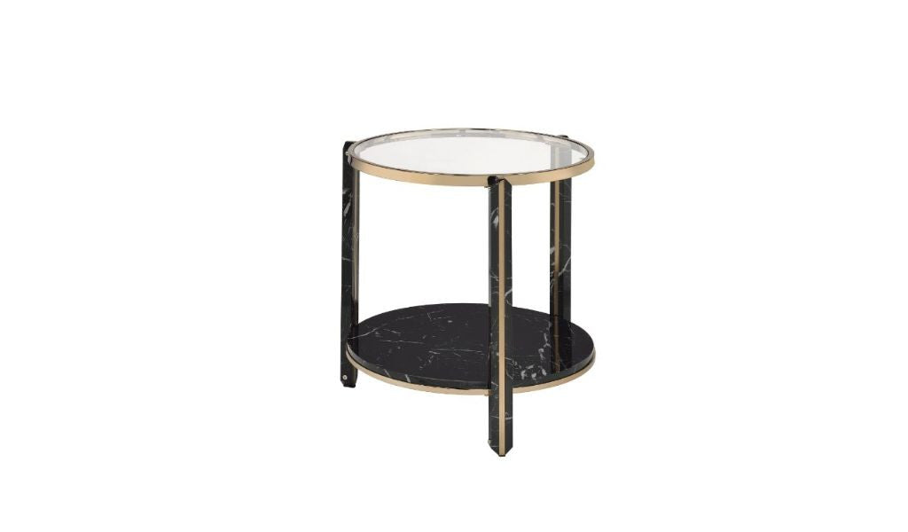 24" Champagne And Clear Glass And Metal Round End Table With Shelf By Homeroots | End Tables | Modishstore