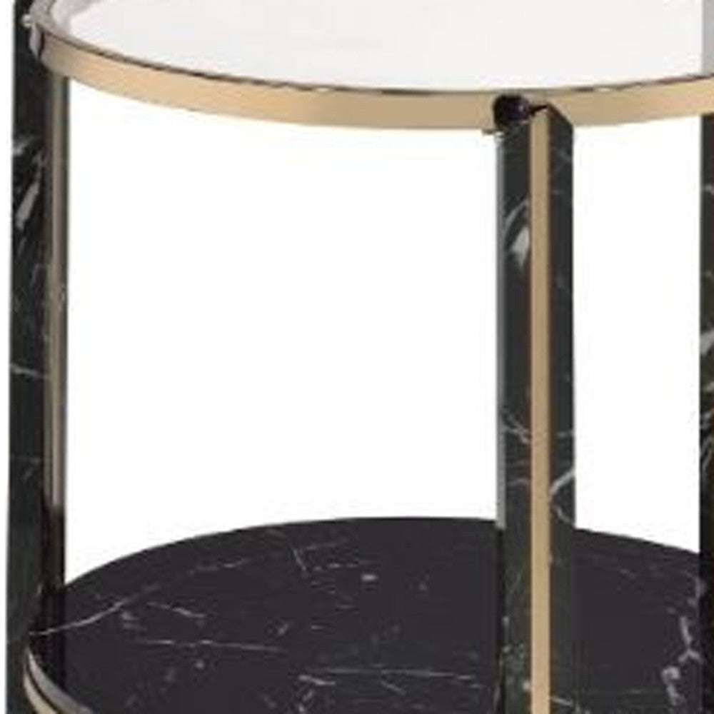 24" Champagne And Clear Glass And Metal Round End Table With Shelf By Homeroots