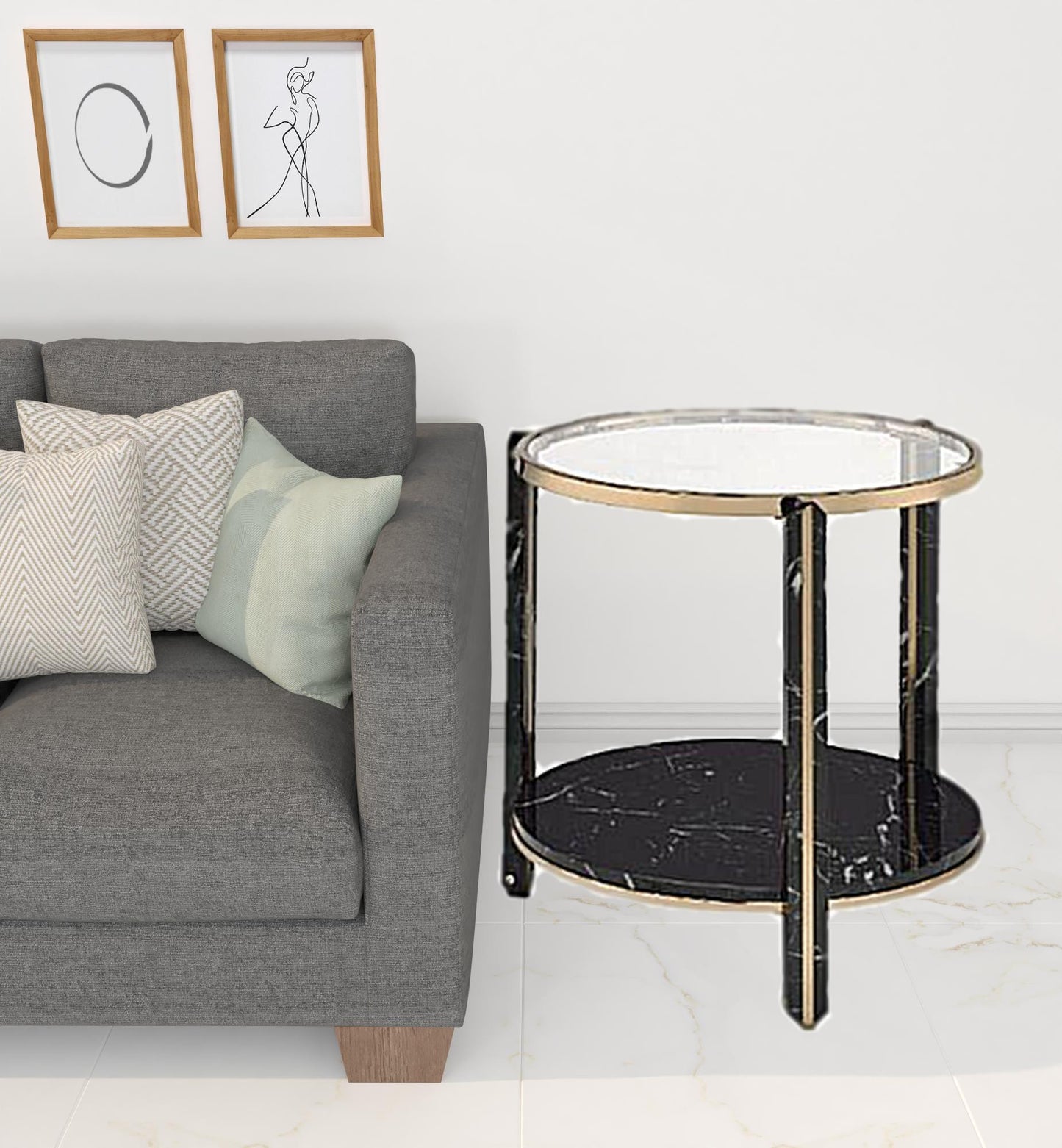 24" Champagne And Clear Glass And Metal Round End Table With Shelf By Homeroots | End Tables | Modishstore - 2
