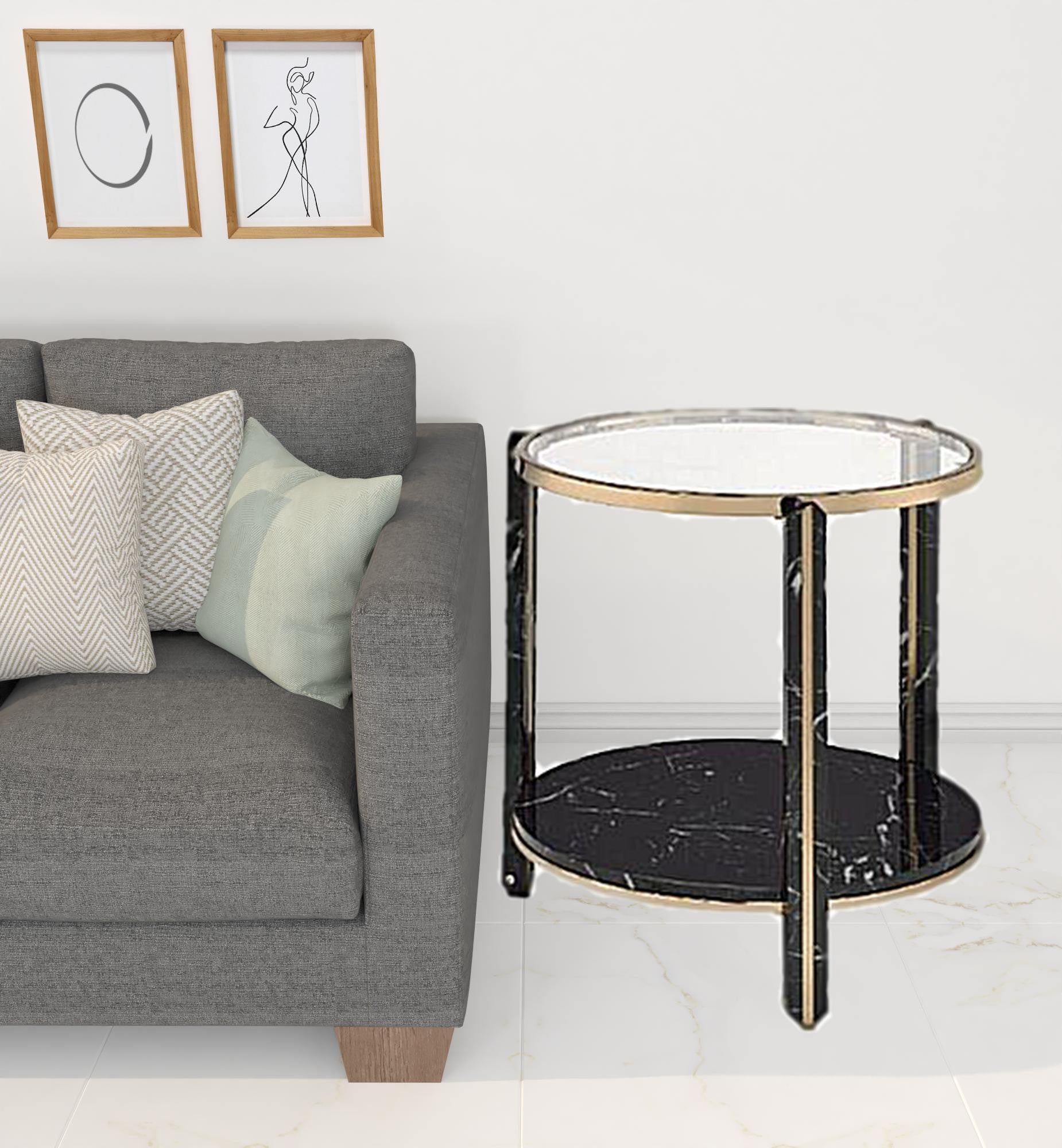 24" Champagne And Clear Glass And Metal Round End Table With Shelf By Homeroots | End Tables | Modishstore - 2