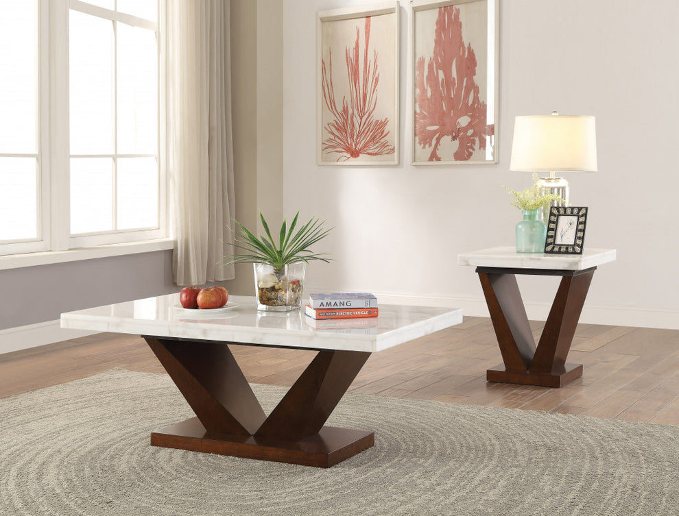23" Walnut And White Marble Manufactured Wood Square End Table By Homeroots | End Tables | Modishstore - 6