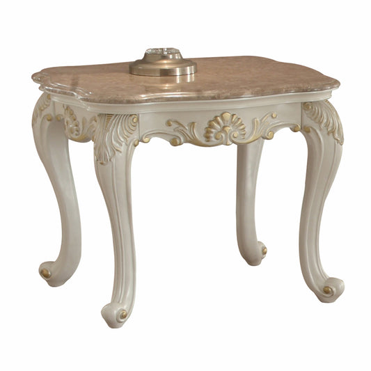 24" Pearl White Brushed With Gold Accents And Light Brown Marble End Table By Homeroots