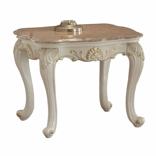 24" Pearl White Brushed With Gold Accents And Light Brown Marble End Table By Homeroots | End Tables | Modishstore