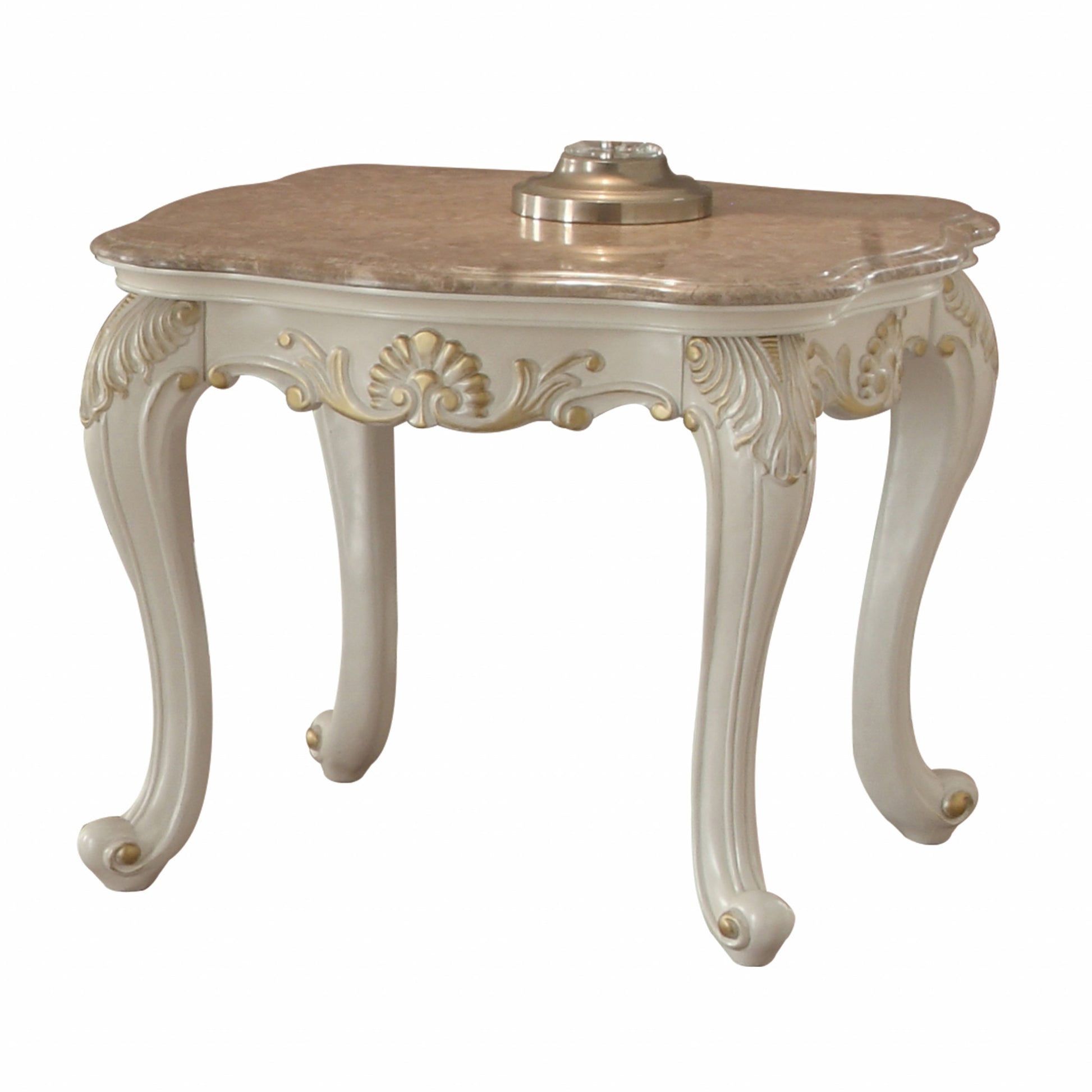 24" Pearl White Brushed With Gold Accents And Light Brown Marble End Table By Homeroots | End Tables | Modishstore - 3