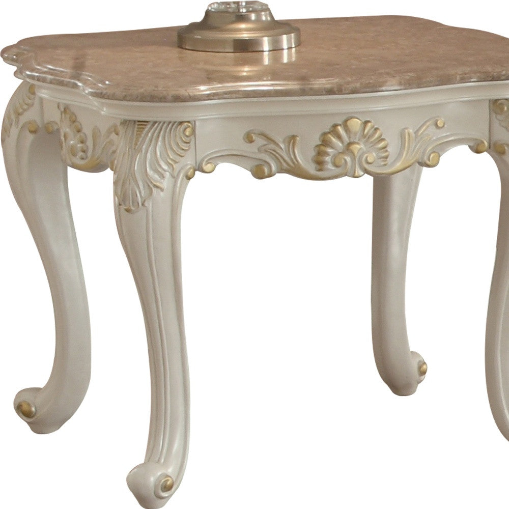 24" Pearl White Brushed With Gold Accents And Light Brown Marble End Table By Homeroots | End Tables | Modishstore - 4