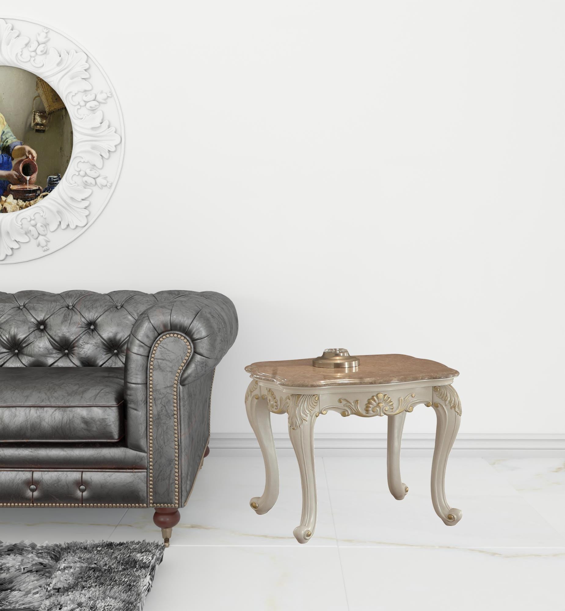 24" Pearl White Brushed With Gold Accents And Light Brown Marble End Table By Homeroots | End Tables | Modishstore - 2