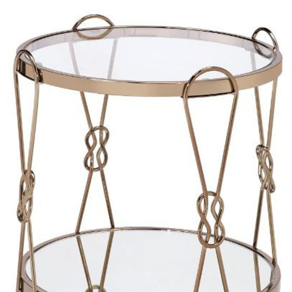 23" Gold Mirrored And Metal Round End Table With Shelf By Homeroots