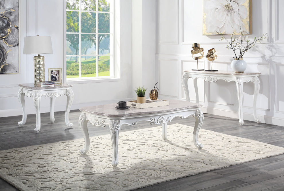 24" White And Marble Marble And Polyresin Rectangular End Table By Homeroots | End Tables | Modishstore - 4