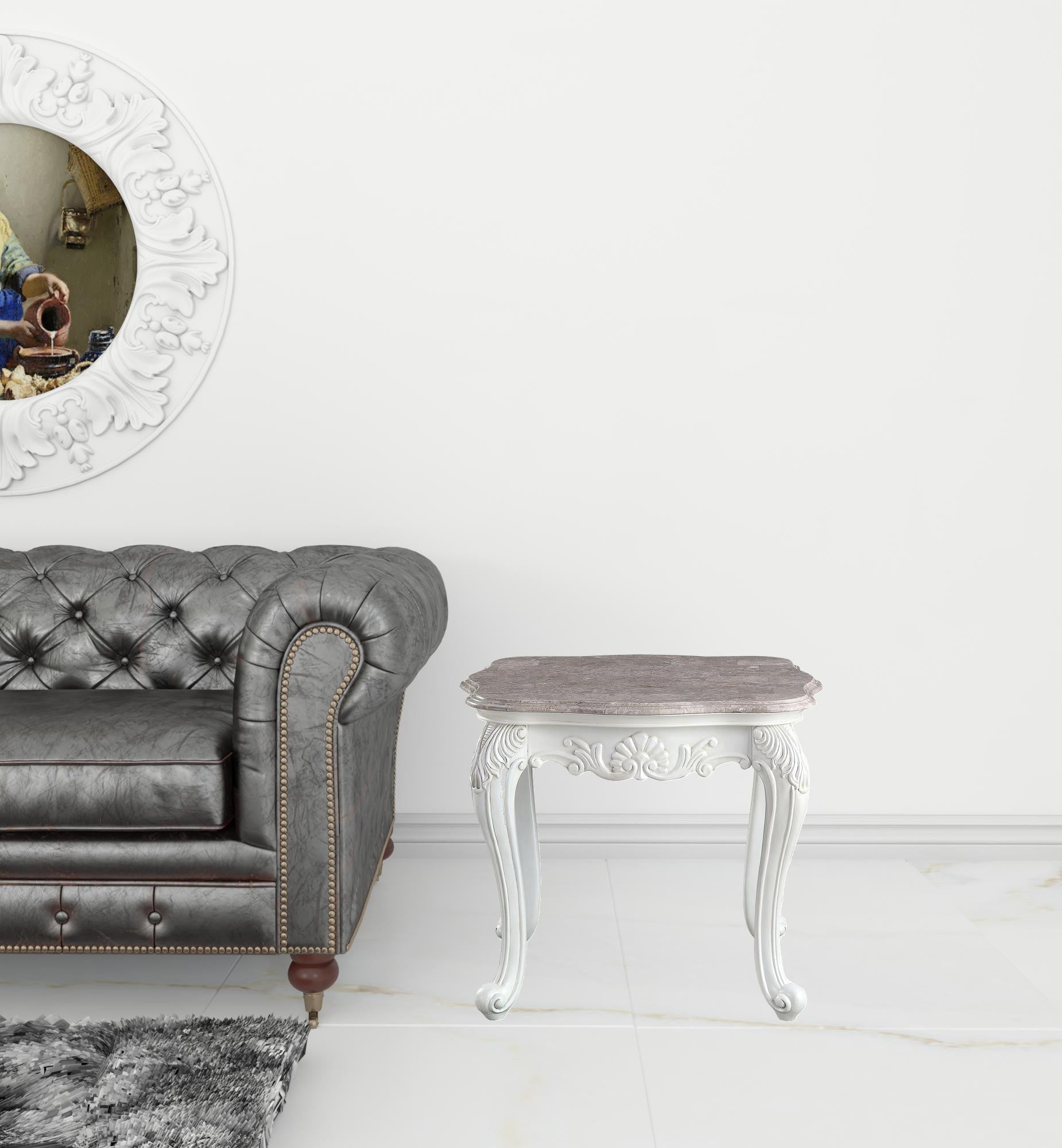 24" White And Marble Marble And Polyresin Rectangular End Table By Homeroots | End Tables | Modishstore - 3