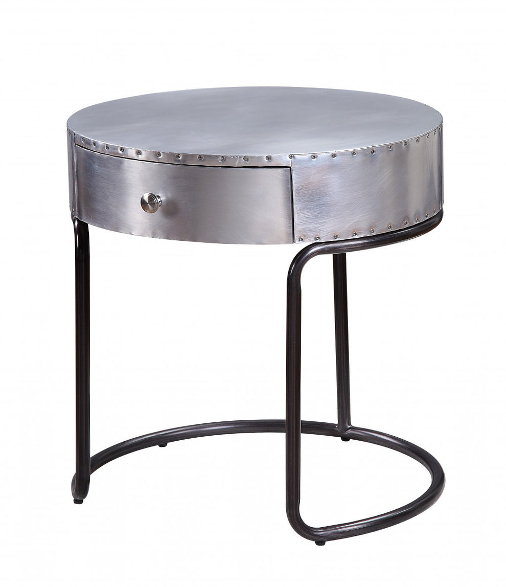 21" Aluminum And Manufactured Wood Round End Table With Drawer By Homeroots | End Tables | Modishstore - 3
