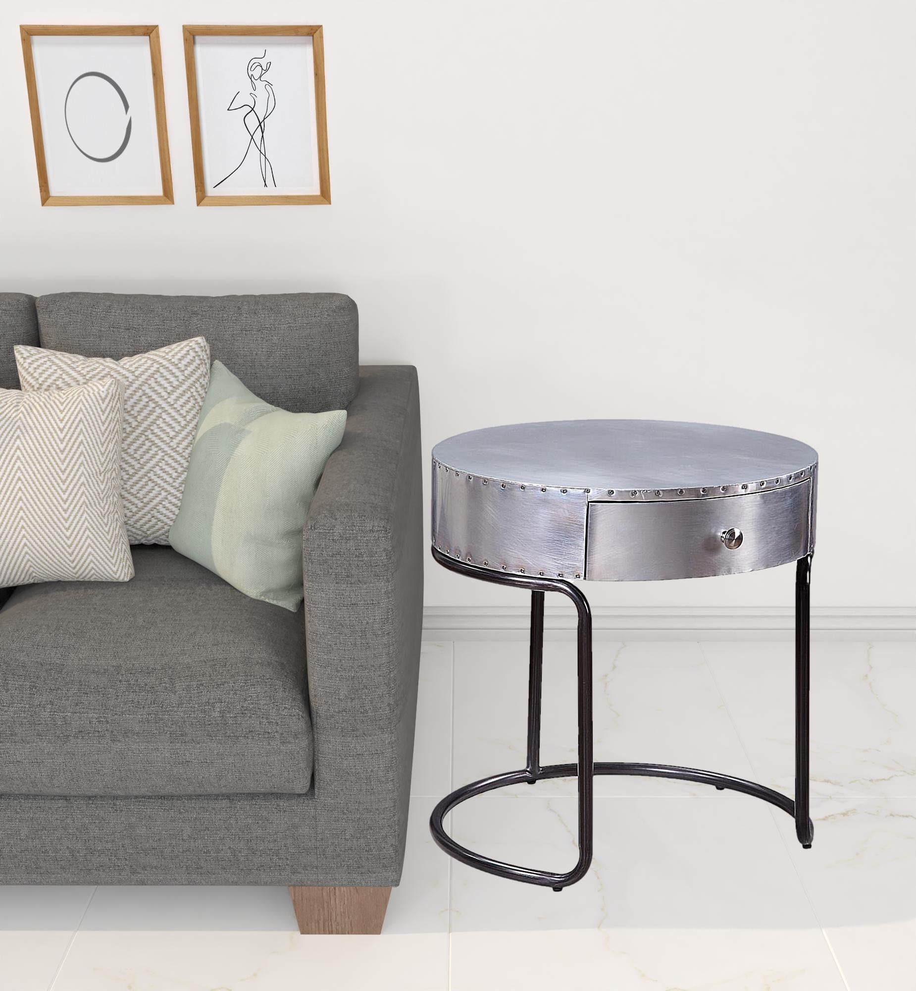 21" Aluminum And Manufactured Wood Round End Table With Drawer By Homeroots | End Tables | Modishstore - 2