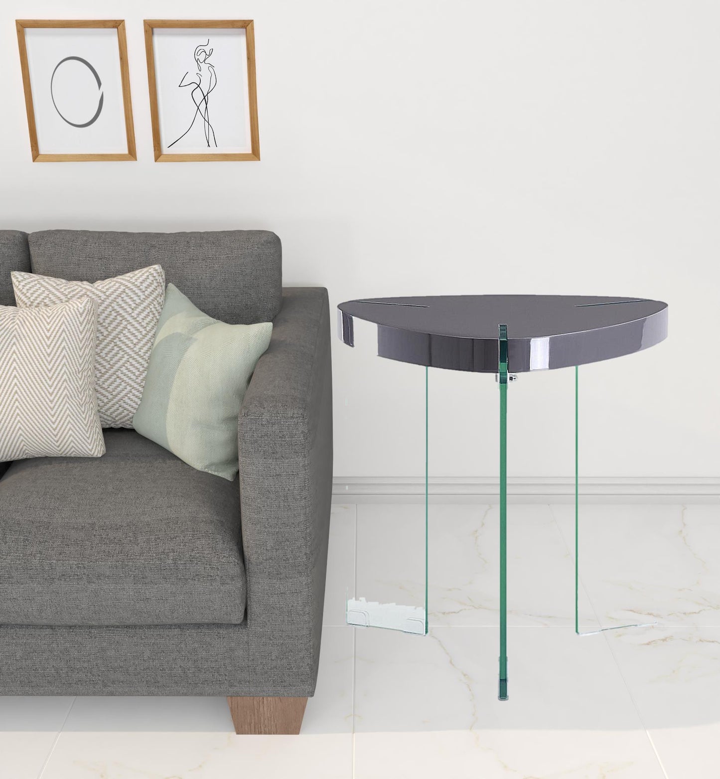 23" Clear And Gray Manufactured Wood And Glass Triangular End Table By Homeroots | End Tables | Modishstore - 3