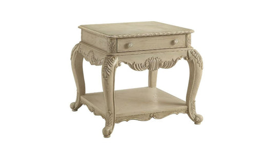 26" Antique White Manufactured Wood And Polyresin Rectangular End Table With Drawer And Shelf By Homeroots | End Tables | Modishstore