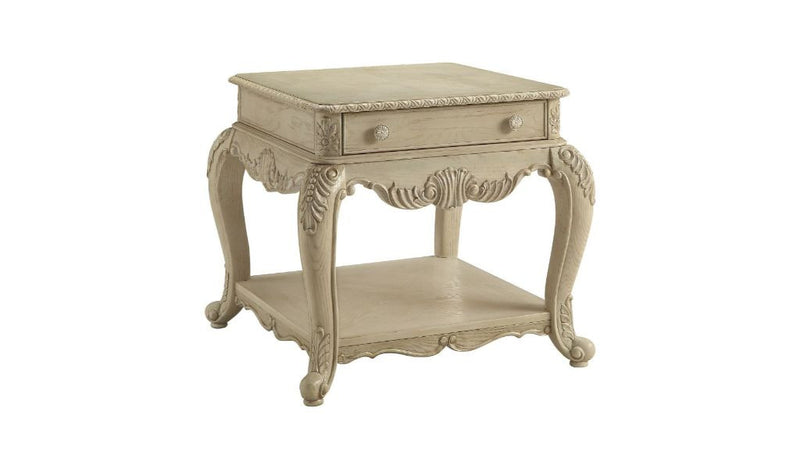 26" Antique White Manufactured Wood And Polyresin Rectangular End Table With Drawer And Shelf By Homeroots | End Tables | Modishstore