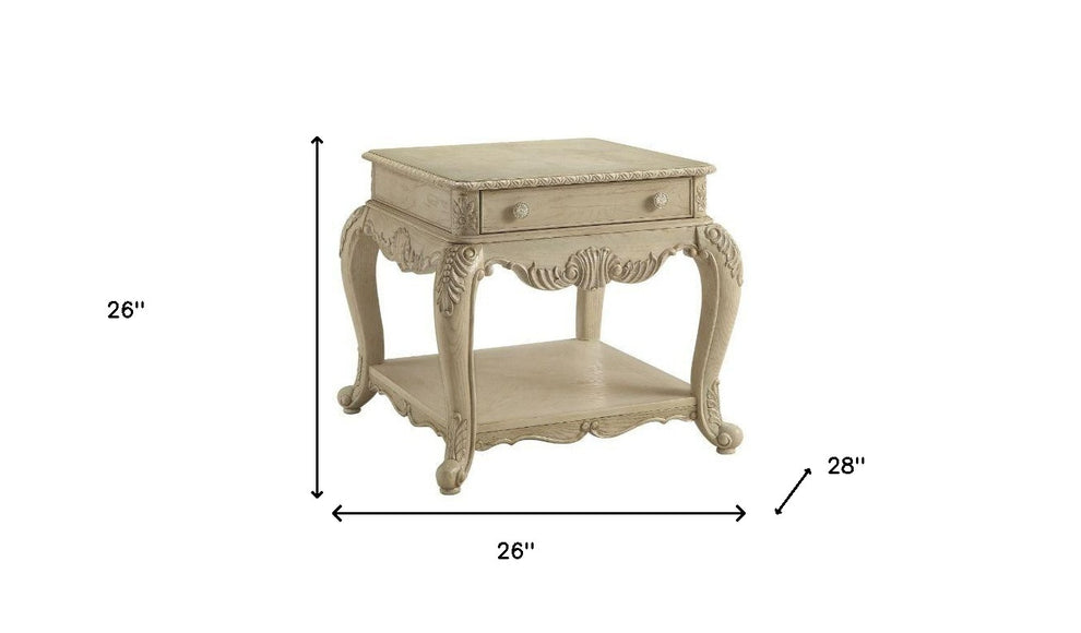 26" Antique White Manufactured Wood And Polyresin Rectangular End Table With Drawer And Shelf By Homeroots | End Tables | Modishstore - 5
