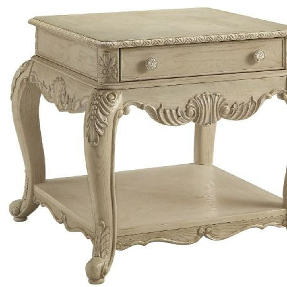 26" Antique White Manufactured Wood And Polyresin Rectangular End Table With Drawer And Shelf By Homeroots | End Tables | Modishstore - 4