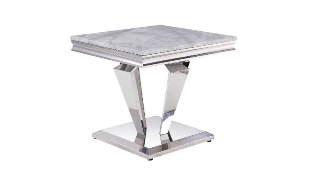 22" Silver And Light Gray Marble Look And Stainless Steel Square End Table By Homeroots | End Tables | Modishstore