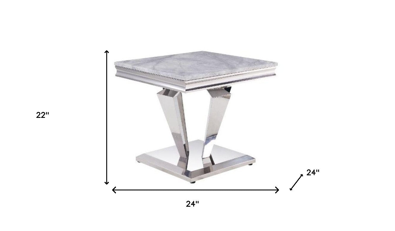 22" Silver And Light Gray Marble Look And Stainless Steel Square End Table By Homeroots | End Tables | Modishstore - 5