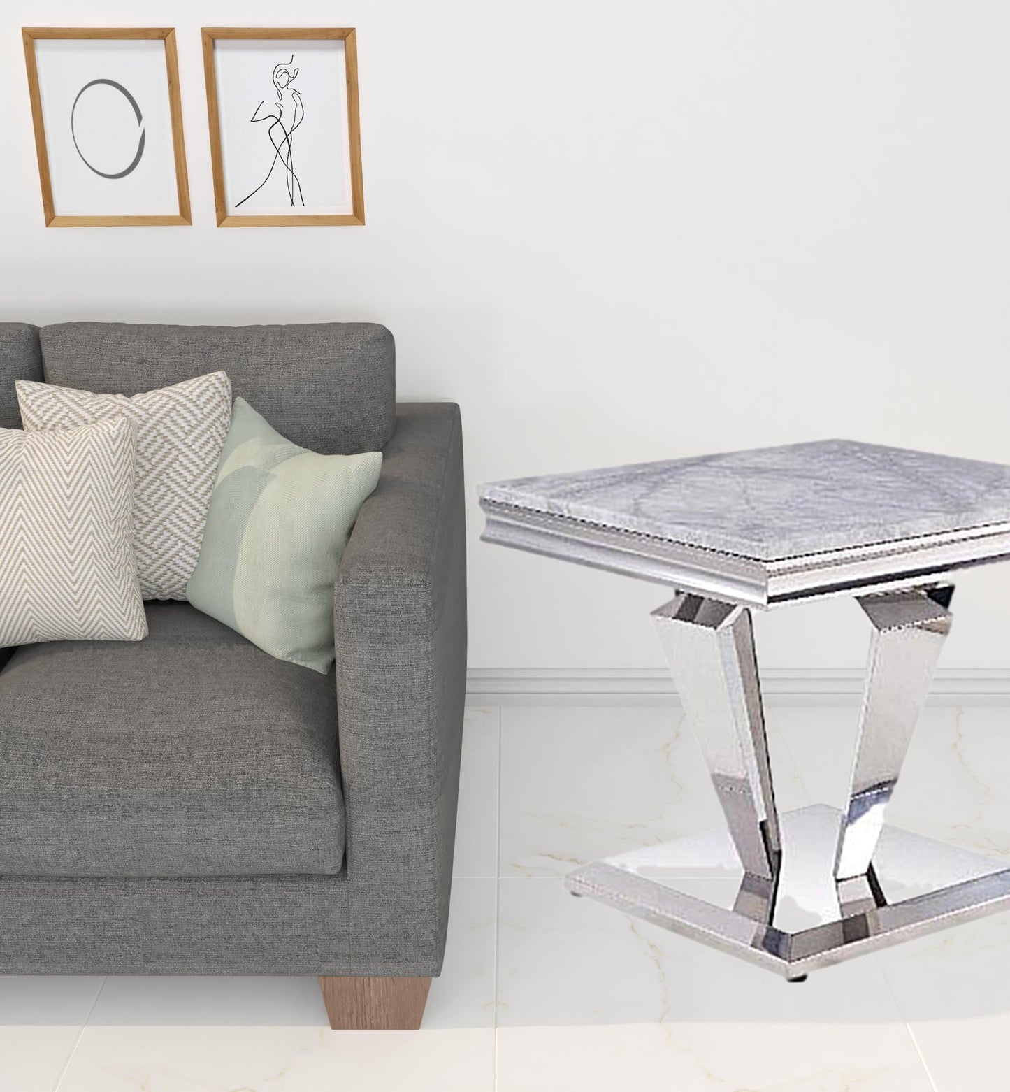 22" Silver And Light Gray Marble Look And Stainless Steel Square End Table By Homeroots | End Tables | Modishstore - 2