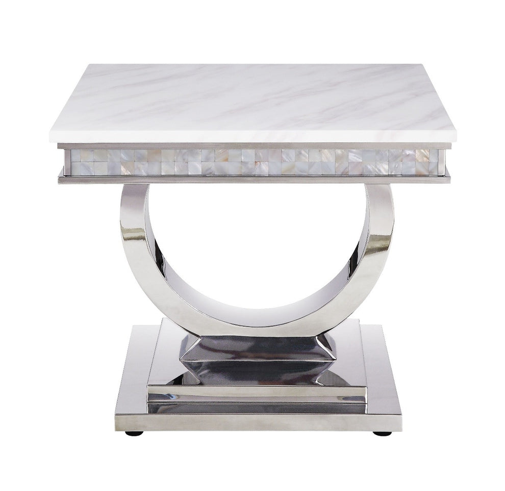 20" Silver And White Marble Look Stainless Steel Square End Table By Homeroots | End Tables | Modishstore - 2