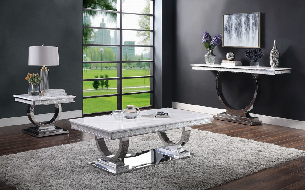 20" Silver And White Marble Look Stainless Steel Square End Table By Homeroots | End Tables | Modishstore - 4