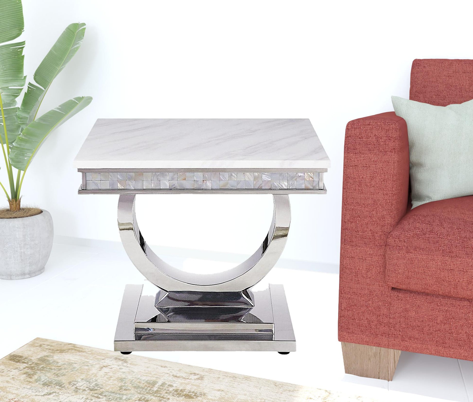 20" Silver And White Marble Look Stainless Steel Square End Table By Homeroots | End Tables | Modishstore - 3