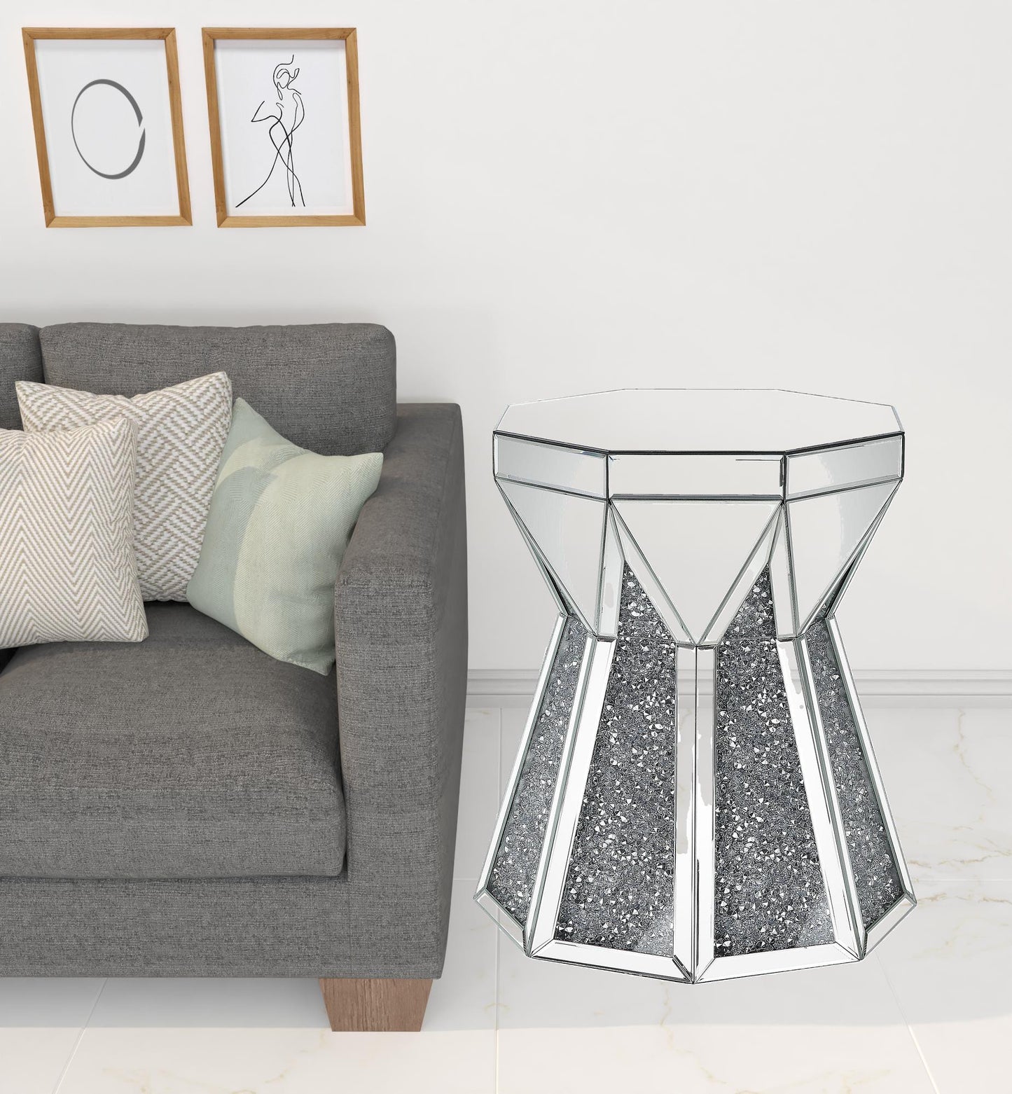 24" Gray And Silver Mirrored Octagon End Table By Homeroots | End Tables | Modishstore - 3