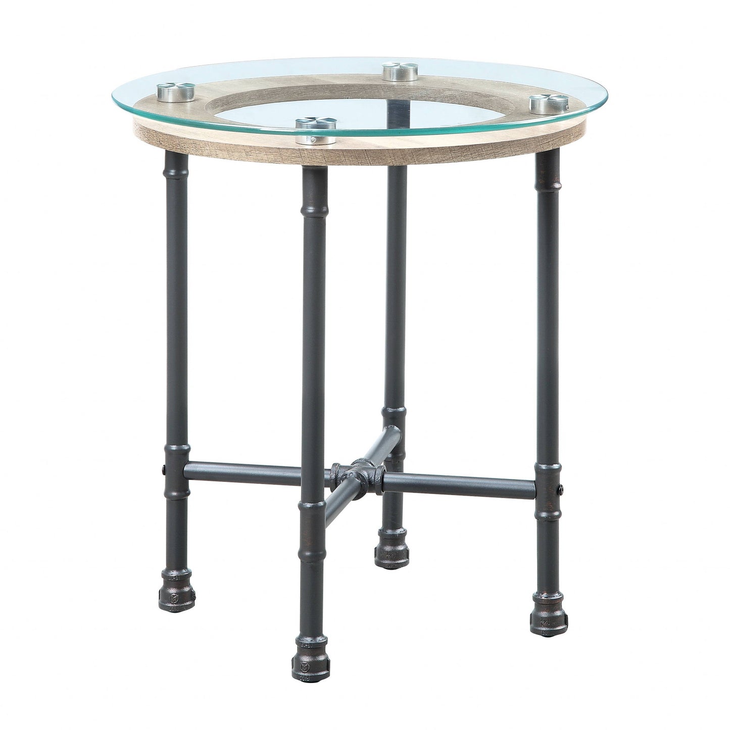 24" Sandy Gray And Clear Glass And Metal Round End Table By Homeroots | End Tables | Modishstore - 2