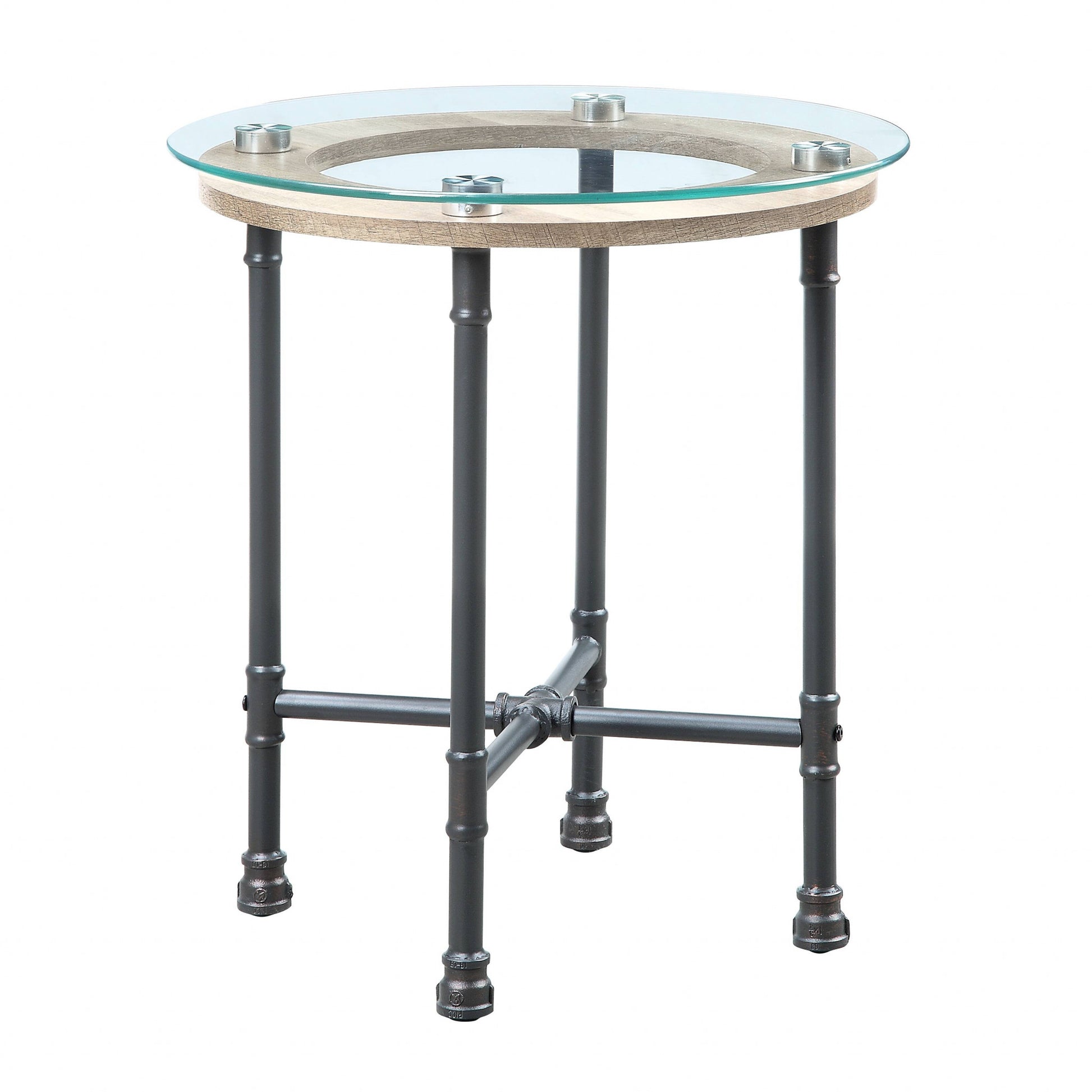 24" Sandy Gray And Clear Glass And Metal Round End Table By Homeroots | End Tables | Modishstore - 2