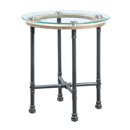 24" Sandy Gray And Clear Glass And Metal Round End Table By Homeroots | End Tables | Modishstore