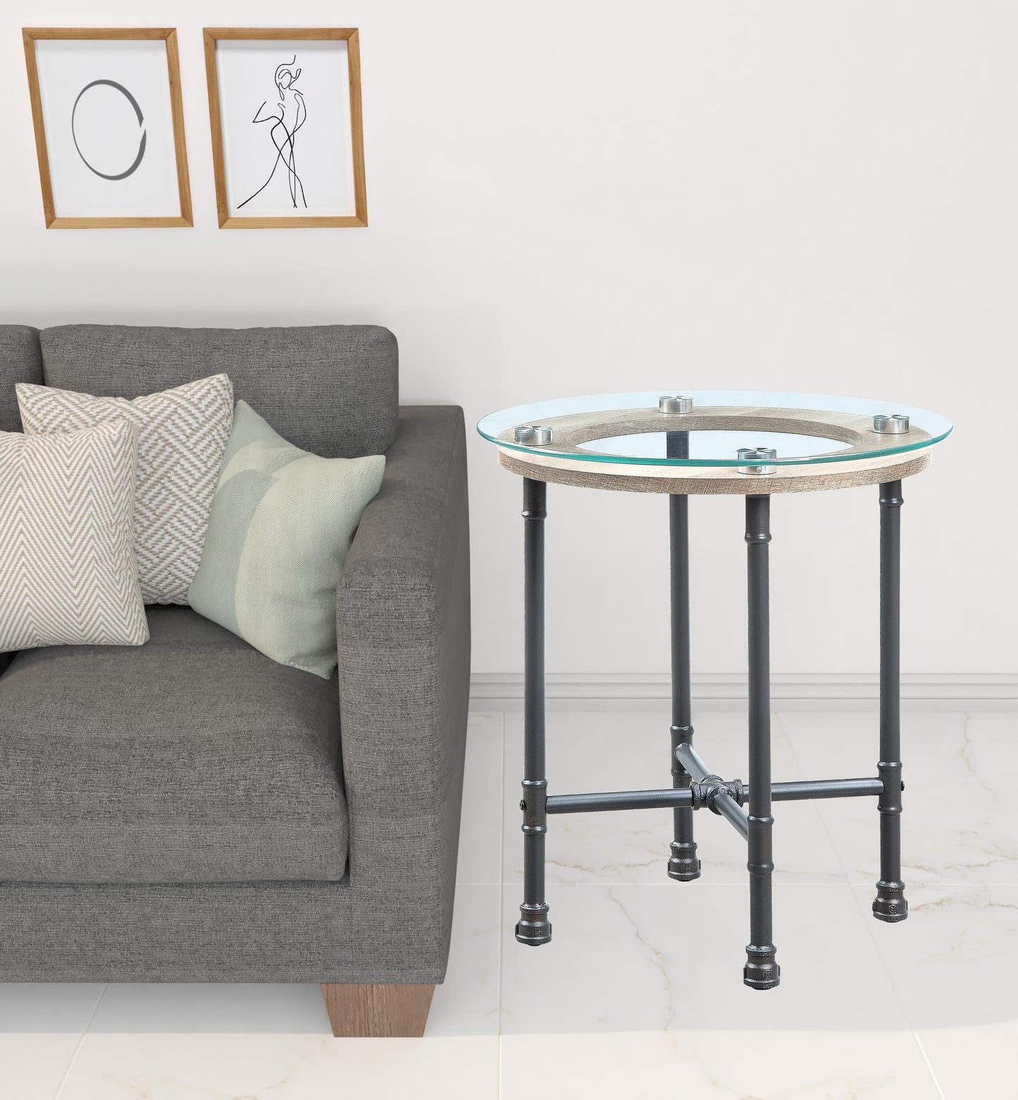 24" Sandy Gray And Clear Glass And Metal Round End Table By Homeroots | End Tables | Modishstore - 3