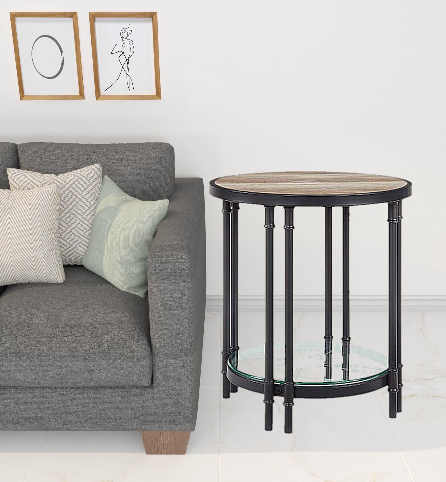 24" Sandy Black And Oak Manufactured Wood And Metal Round End Table With Shelf By Homeroots | End Tables | Modishstore - 2