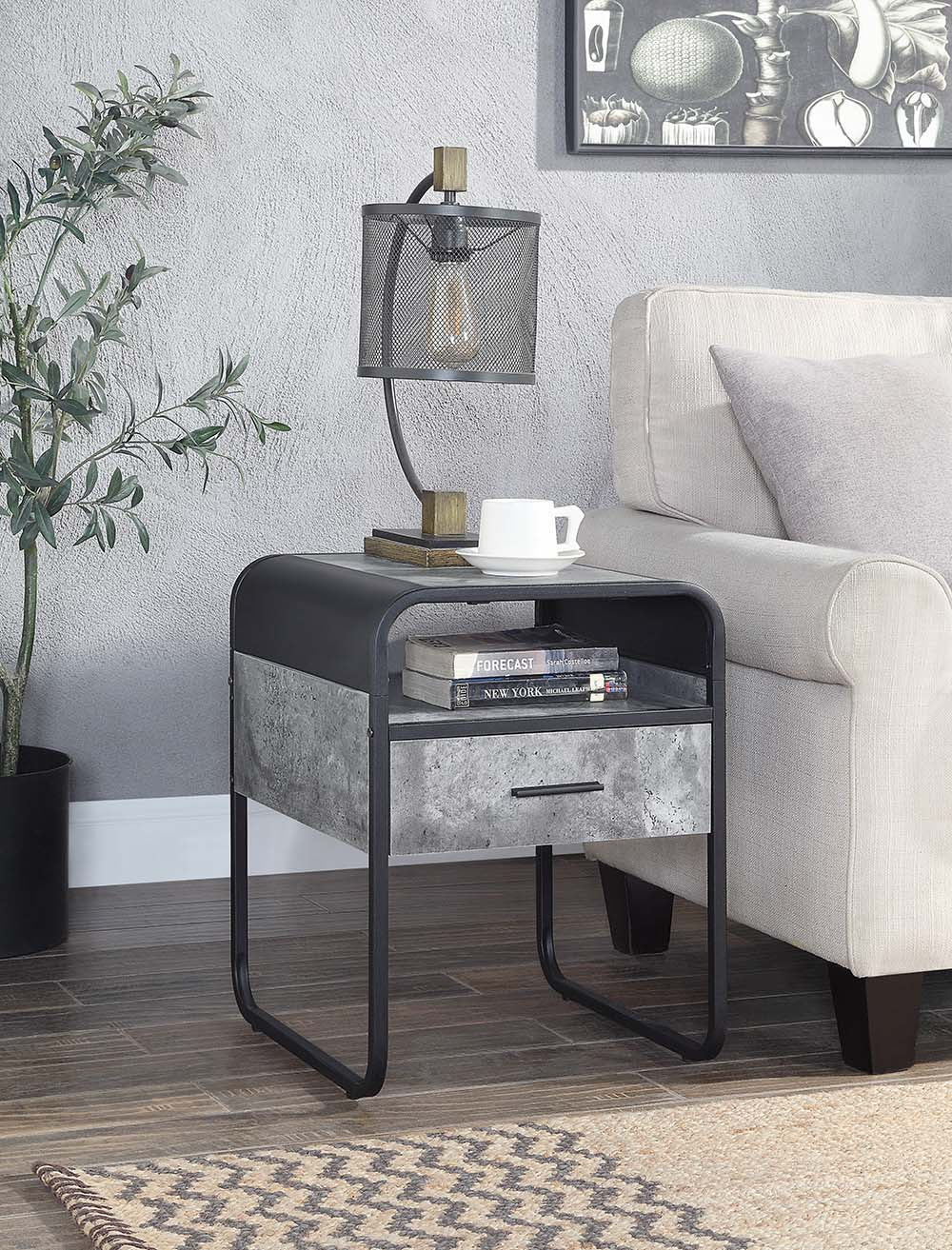 22" Black And Concrete Gray Manufactured Wood And Metal Square End Table With Drawer And Shelf By Homeroots | End Tables | Modishstore - 6