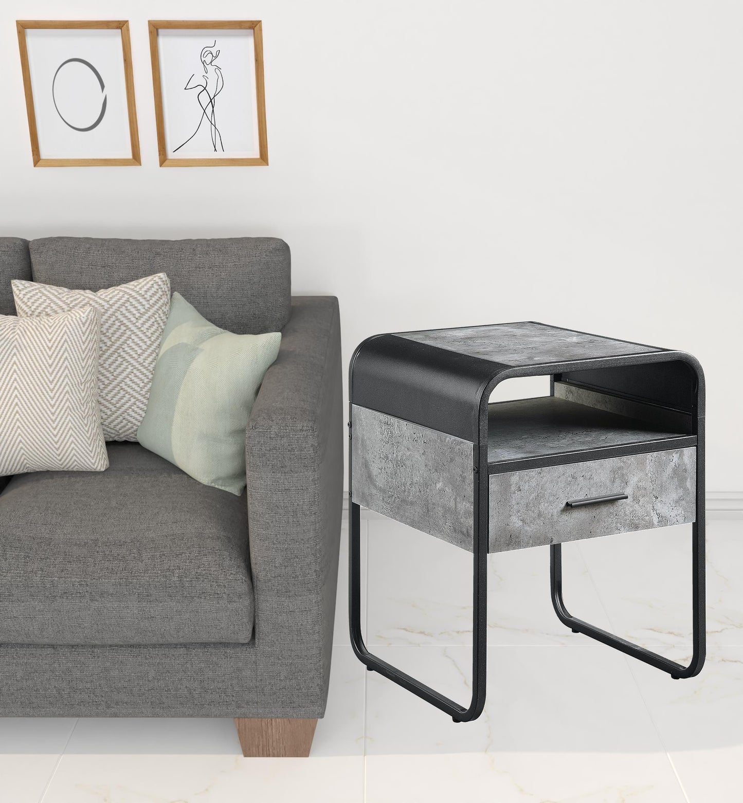 22" Black And Concrete Gray Manufactured Wood And Metal Square End Table With Drawer And Shelf By Homeroots | End Tables | Modishstore - 3