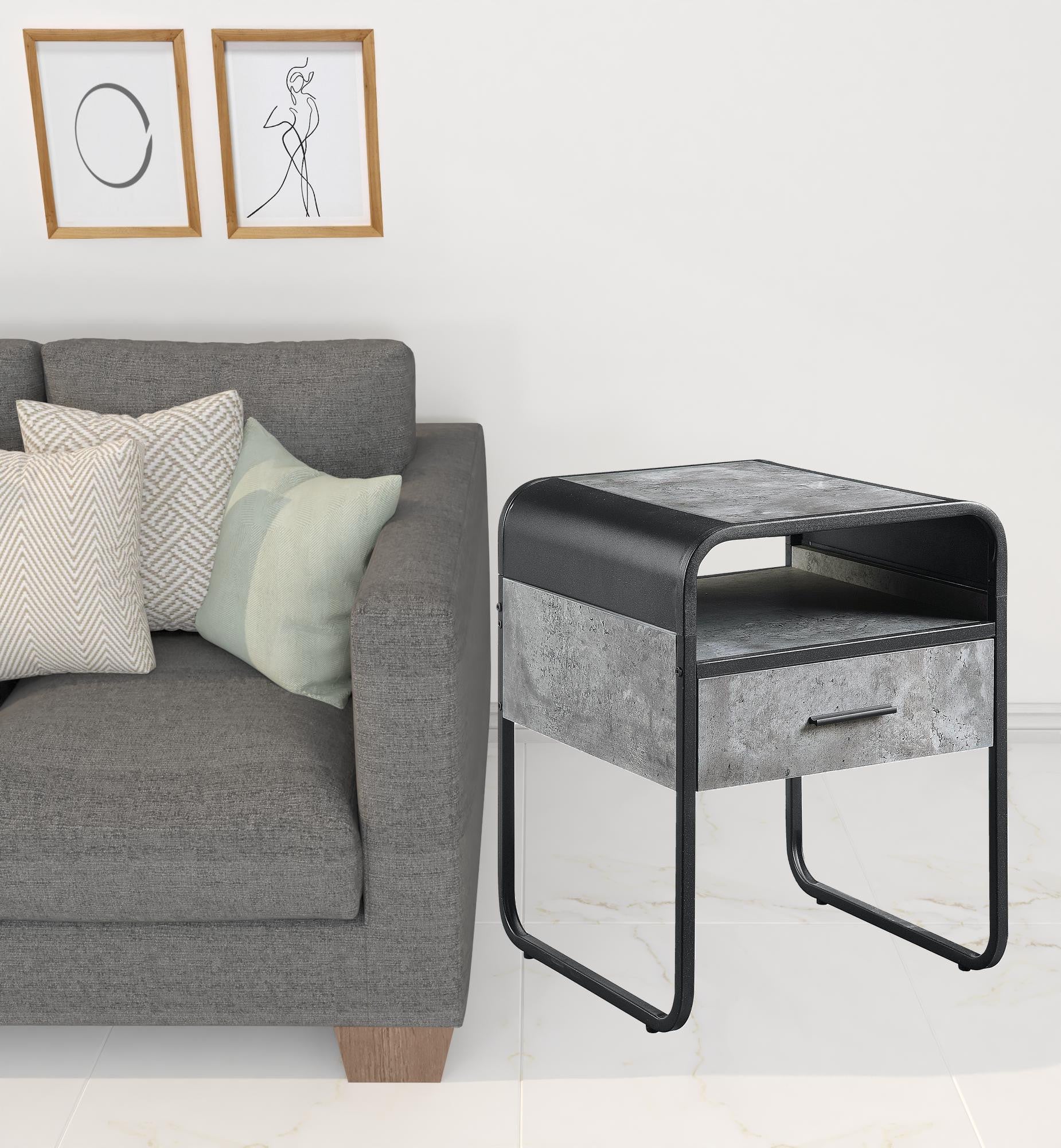 22" Black And Concrete Gray Manufactured Wood And Metal Square End Table With Drawer And Shelf By Homeroots | End Tables | Modishstore - 3
