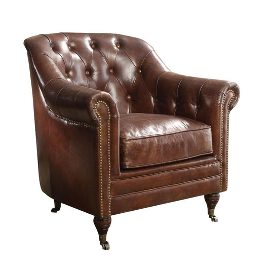 34" Top Grain Leather And Brown Tufted Chesterfield Chair By Homeroots