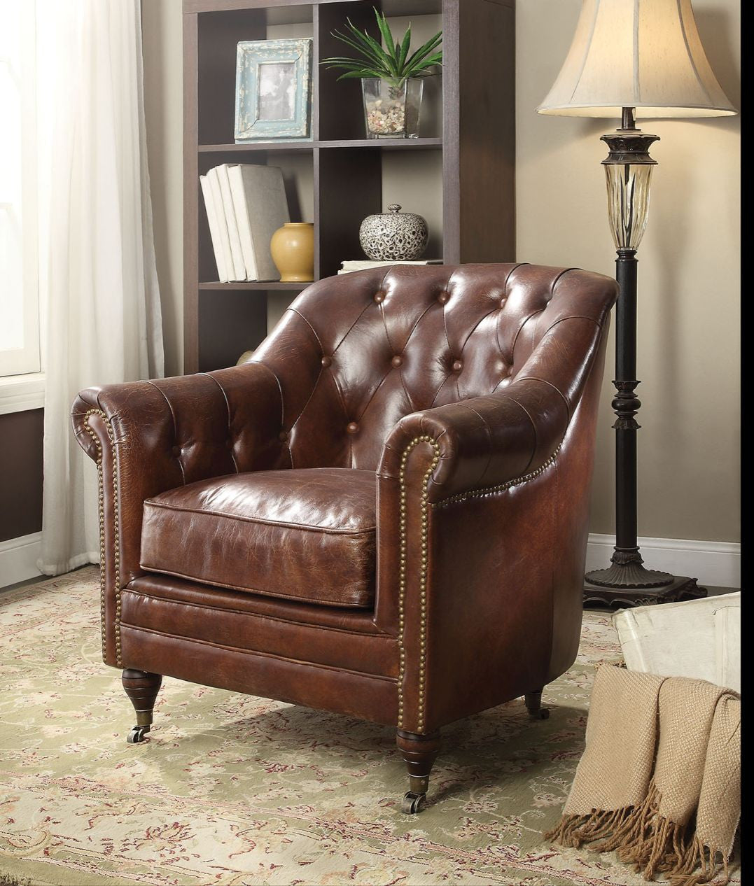 34" Top Grain Leather And Brown Tufted Chesterfield Chair By Homeroots | Armchairs | Modishstore - 6