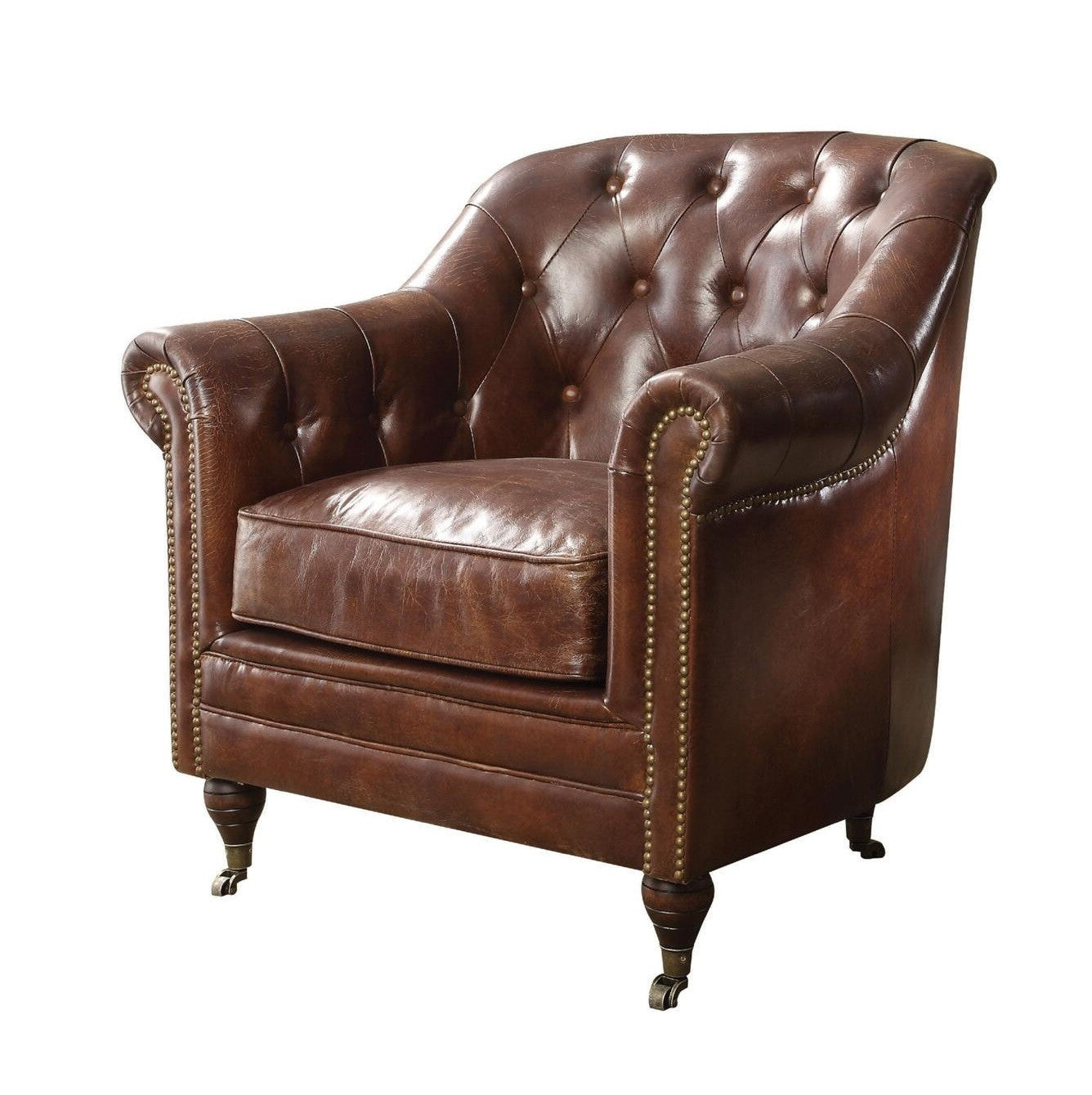 34" Top Grain Leather And Brown Tufted Chesterfield Chair By Homeroots | Armchairs | Modishstore - 3