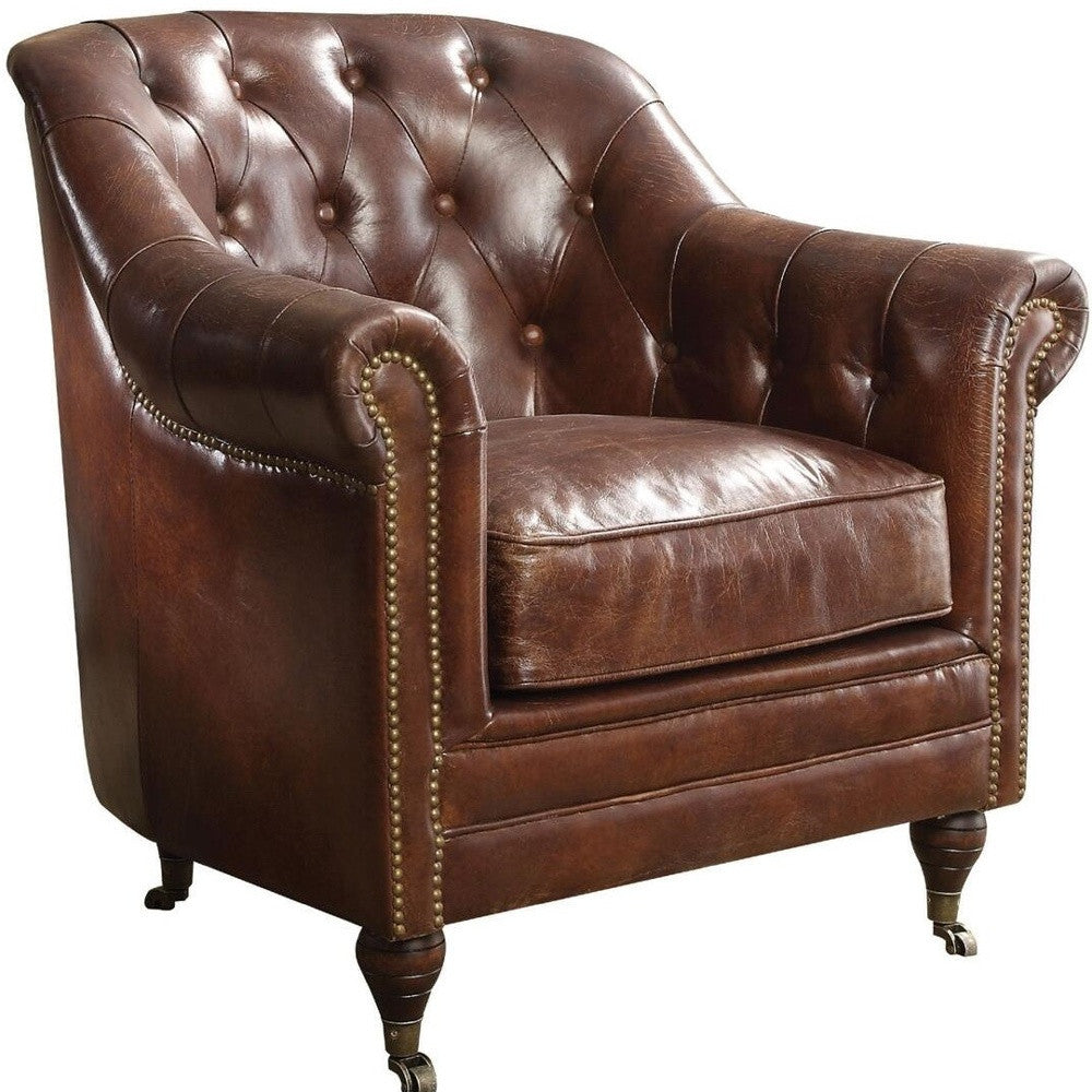 34" Top Grain Leather And Brown Tufted Chesterfield Chair By Homeroots