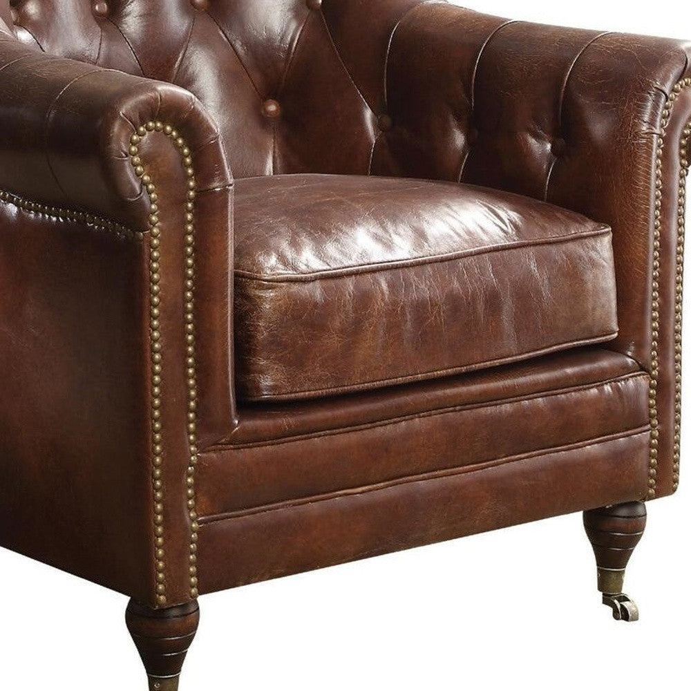34" Top Grain Leather And Brown Tufted Chesterfield Chair By Homeroots | Armchairs | Modishstore - 5
