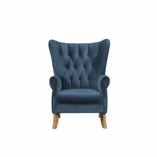 34" Azure Blue Velvet And Brown Solid Color Wingback Chair By Homeroots