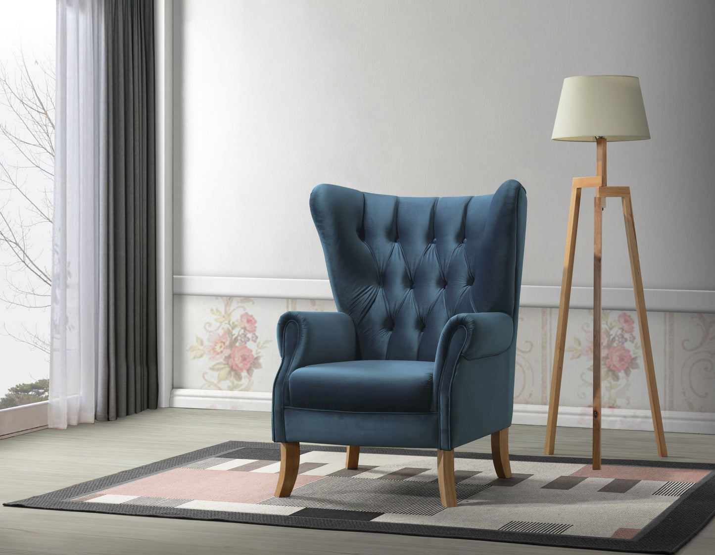 34" Azure Blue Velvet And Brown Solid Color Wingback Chair By Homeroots | Armchairs | Modishstore - 6