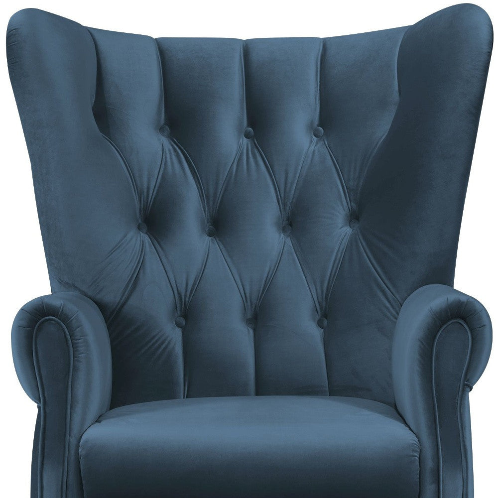 34" Azure Blue Velvet And Brown Solid Color Wingback Chair By Homeroots | Armchairs | Modishstore - 4