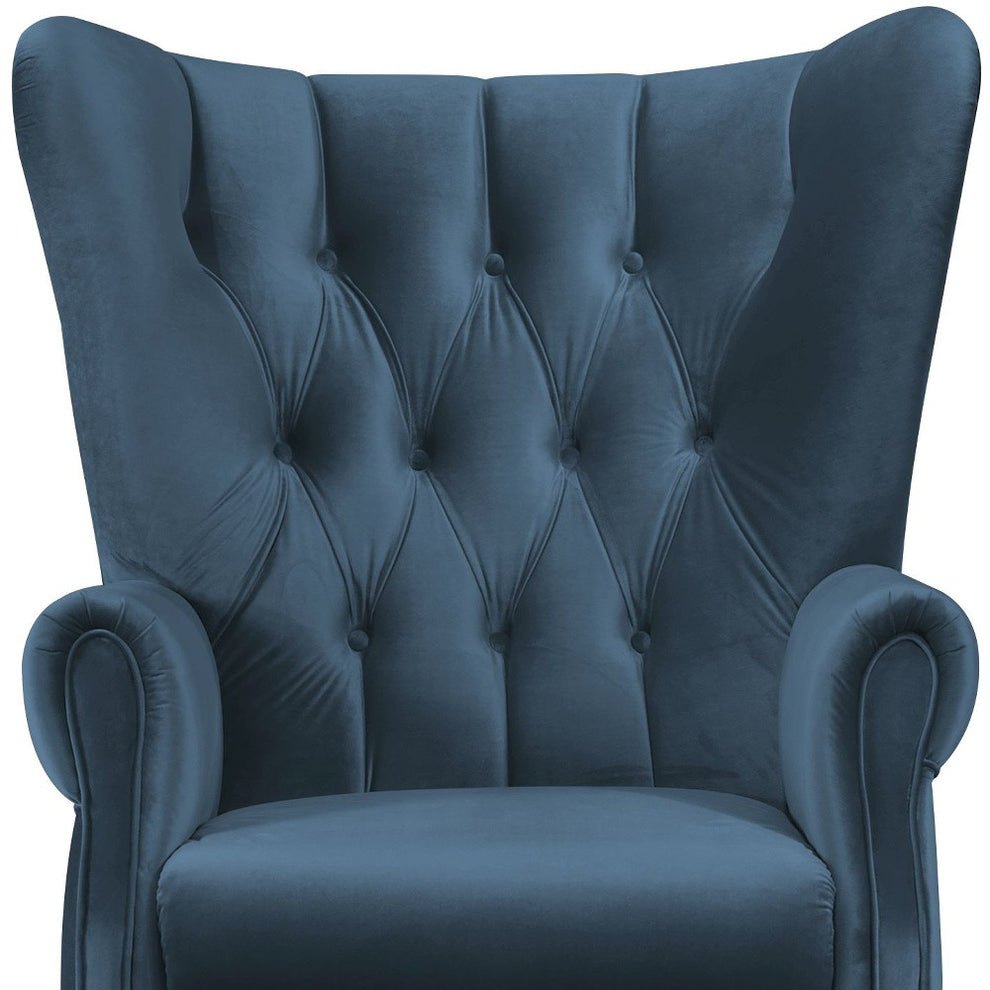 34" Azure Blue Velvet And Brown Solid Color Wingback Chair By Homeroots | Armchairs | Modishstore - 4