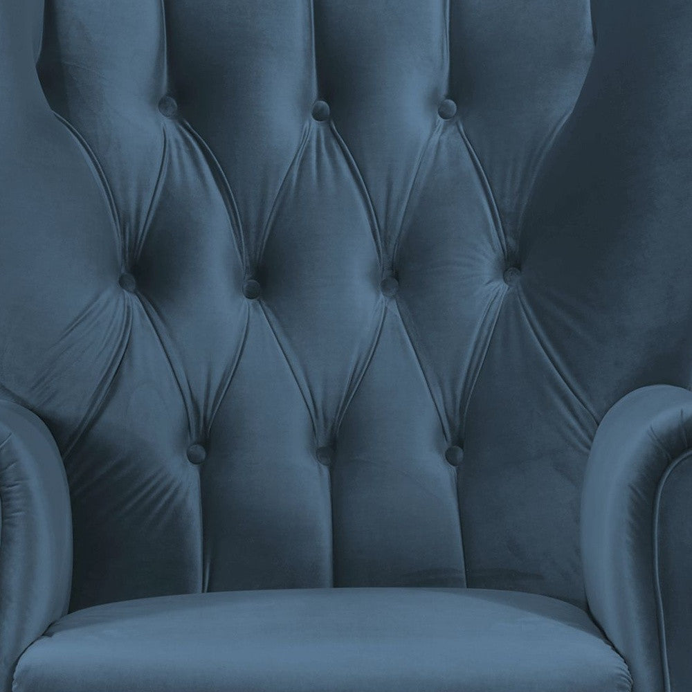 34" Azure Blue Velvet And Brown Solid Color Wingback Chair By Homeroots | Armchairs | Modishstore - 5