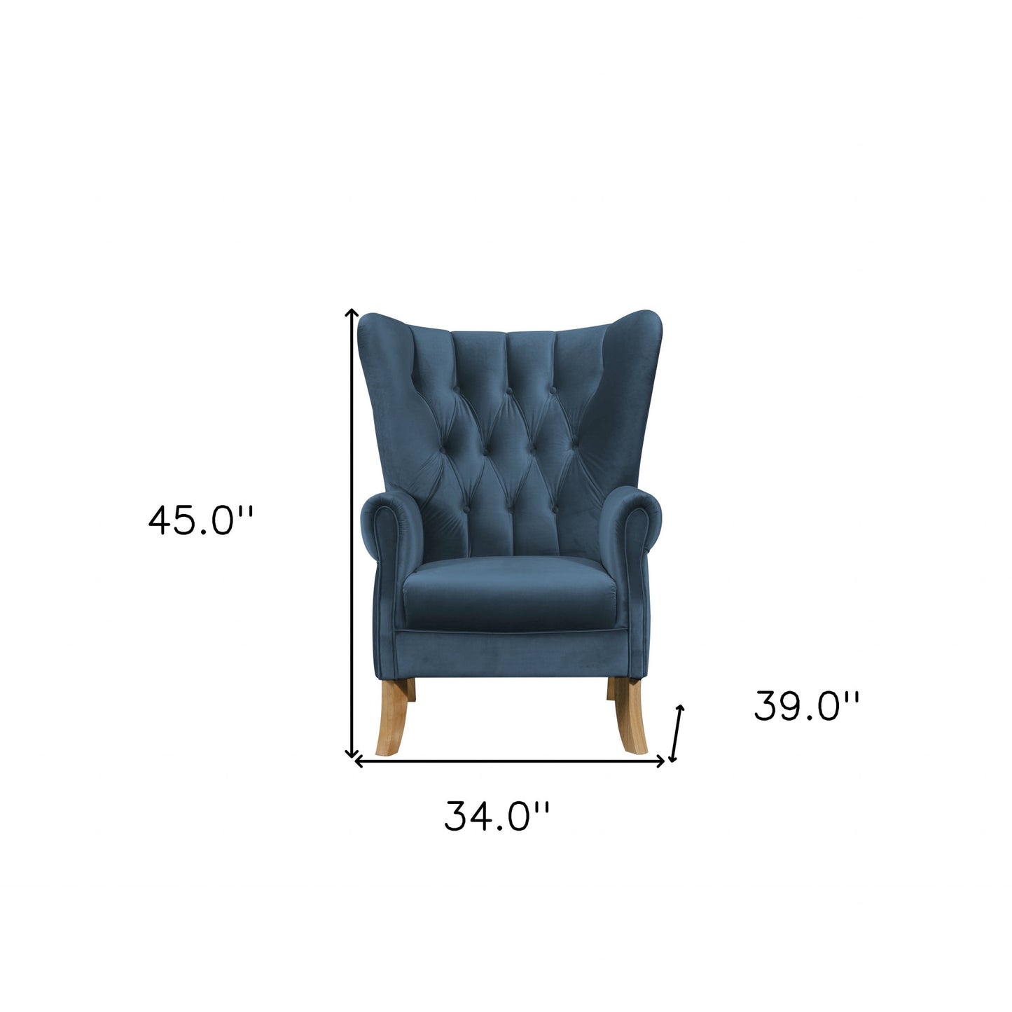 34" Azure Blue Velvet And Brown Solid Color Wingback Chair By Homeroots
